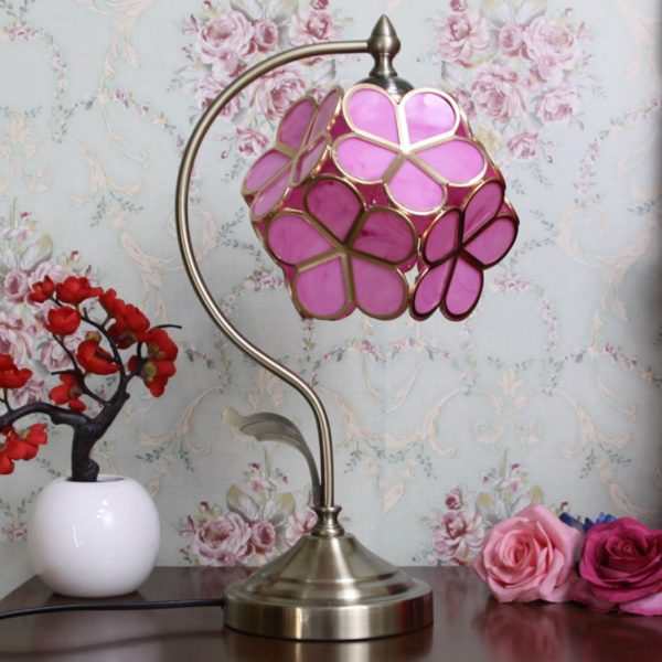 Đèn Bàn Hoa 5 Cánh Màu Xanh Hồng Phong Cách Cổ Điển Pháp Decor Bàn Làm Việc, Phòng Ngủ