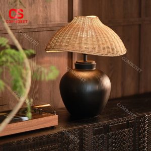 Đèn Bàn Mây Đan Thân Gỗ Nguyên Khối Màu Óc Chó Cổ Điển Mộc Mạc Trang Trí Phòng Khách