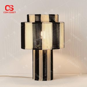 Đèn Bàn Sọc Trắng Đen Dây Thừng Tự Nhiên Phong Cách Wabi Sabi Phòng Khách Tối Giản
