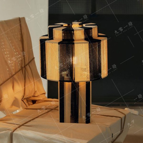 Đèn Bàn Sọc Trắng Đen Dây Thừng Tự Nhiên Phong Cách Wabi Sabi Phòng Khách Tối Giản