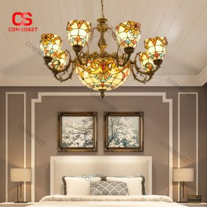 Đèn Chùm Địa Trung Hải Kính Màu Chạm Khắc Tinh Tế Trang Trí Phòng Khách, Biệt Thự