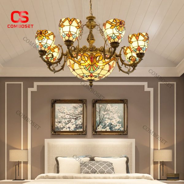 Đèn Chùm Địa Trung Hải Kính Màu Chạm Khắc Tinh Tế Trang Trí Phòng Khách, Biệt Thự