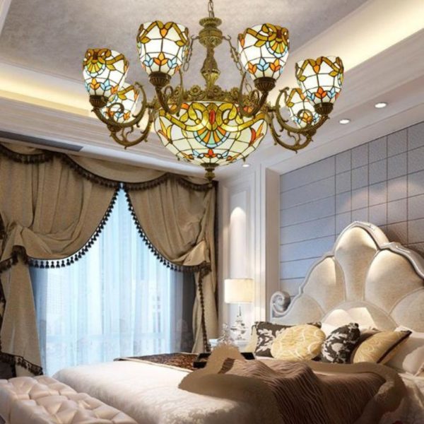 Đèn Chùm Địa Trung Hải Kính Màu Chạm Khắc Tinh Tế Trang Trí Phòng Khách, Biệt Thự