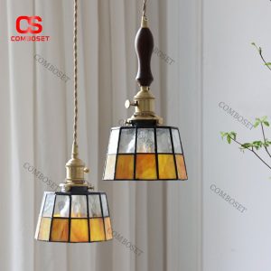 Đèn Chùm Đồng Kính Màu Vàng Cổ Điển Retro Phòng Bếp Ánh Sáng Ấm