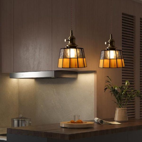 Đèn Chùm Đồng Kính Màu Vàng Cổ Điển Retro Phòng Bếp Ánh Sáng Ấm
