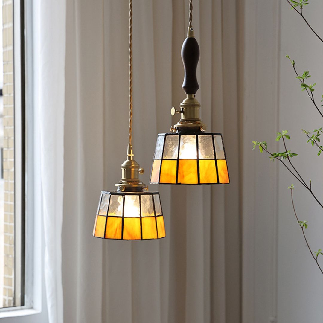Đèn Chùm Đồng Kính Màu Vàng Cổ Điển Retro Phòng Bếp Ánh Sáng Ấm