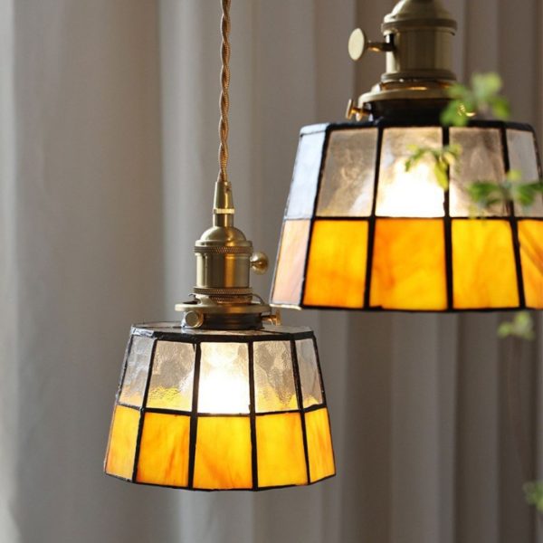 Đèn Chùm Đồng Kính Màu Vàng Cổ Điển Retro Phòng Bếp Ánh Sáng Ấm