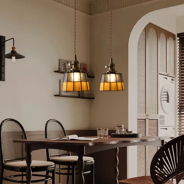 Đèn Chùm Đồng Kính Màu Vàng Cổ Điển Retro Phòng Bếp Ánh Sáng Ấm