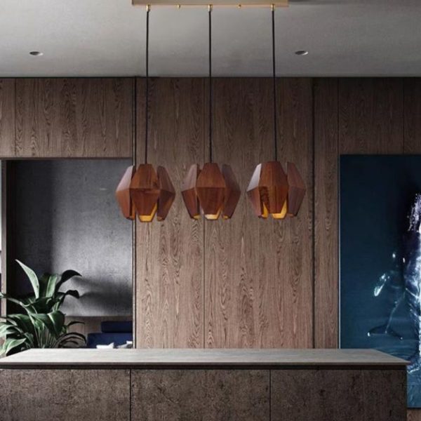 Đèn Chùm Gỗ Màu Óc Chó Tối Giản Thiết Kế Vát 4 Đầu Gỗ Hình Học Độc Đáo