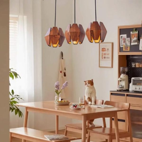 Đèn Chùm Gỗ Màu Óc Chó Tối Giản Thiết Kế Vát 4 Đầu Gỗ Hình Học Độc Đáo