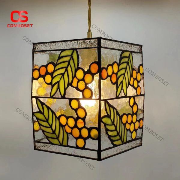 Đèn Chùm Khối Lập Phương Kính Màu Hoạ Tiết Cây Lá Retro Trang Trí Phòng Bếp Độc Đáo