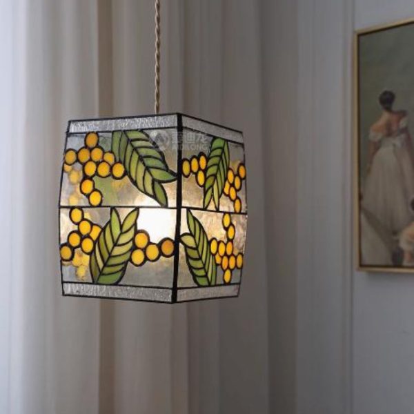 Đèn Chùm Khối Lập Phương Kính Màu Hoạ Tiết Cây Lá Retro Trang Trí Phòng Bếp Độc Đáo