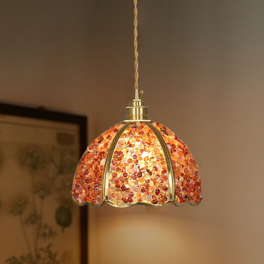 Đèn Chùm Pha Lê Đá Sỏi Nhiều Màu Lấp Lánh Viền Đồng Sang Trọng Decor Quầy Bếp, Bàn Ăn