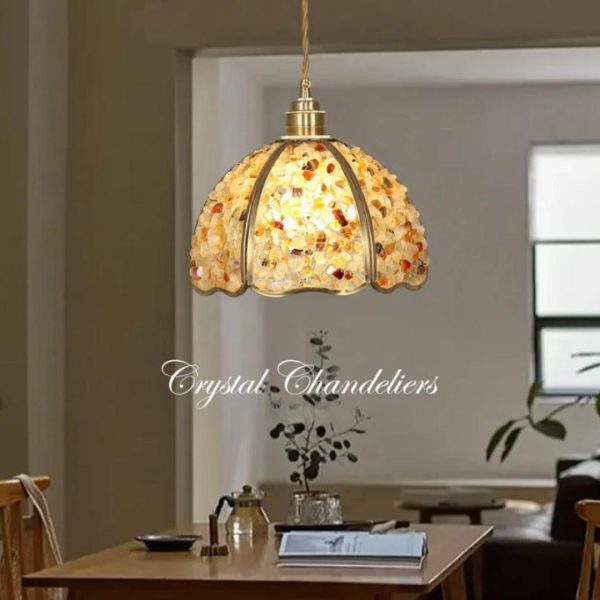 Đèn Chùm Pha Lê Đá Sỏi Nhiều Màu Lấp Lánh Viền Đồng Sang Trọng Decor Quầy Bếp, Bàn Ăn