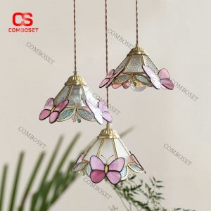 Đèn Chùm Thuỷ Tinh Hình Bướm Màu Hồng Viền Đồng Sáng Tạo Chiếu Sáng Giường Ngủ