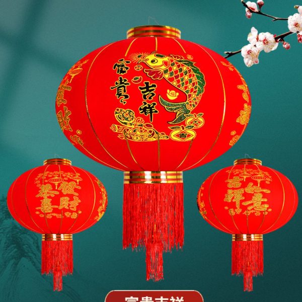 Đèn Lồng Đỏ Vải Nhung Hoạ Tiết Cá Chép May Mắn Chống Thấm Trang Trí Nhà Dịp Tết Năm Mới