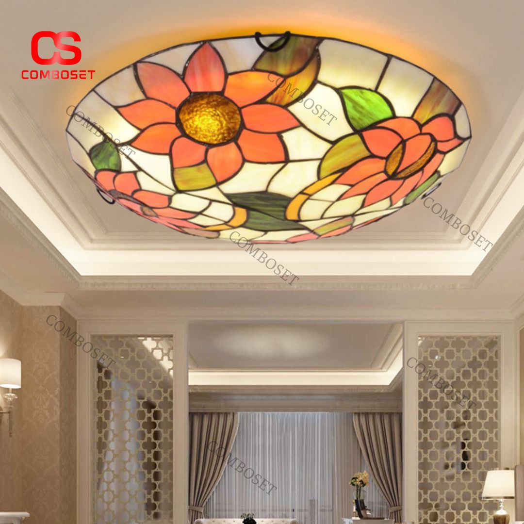 Đèn Ốp Trần Tròn Kính Màu Phong Cách Địa Trung Hải Decor Phòng Khách Phòng Ngủ Châu Âu