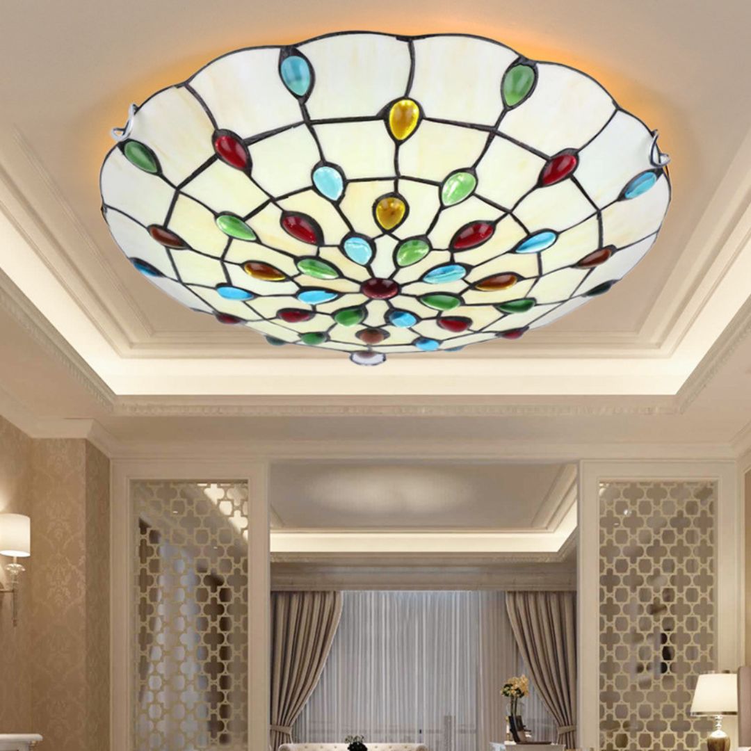 Đèn Ốp Trần Tròn Kính Màu Phong Cách Địa Trung Hải Decor Phòng Khách Phòng Ngủ Châu Âu