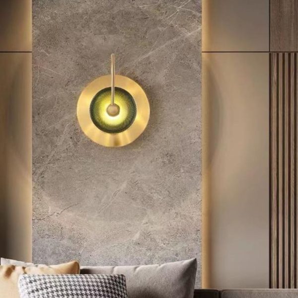 Đèn Tường Sắt Mạ Vàng Kính Xanh Hình Tròn Sáng Tạo Bắc Âu Khách Sạn, Phòng Khách