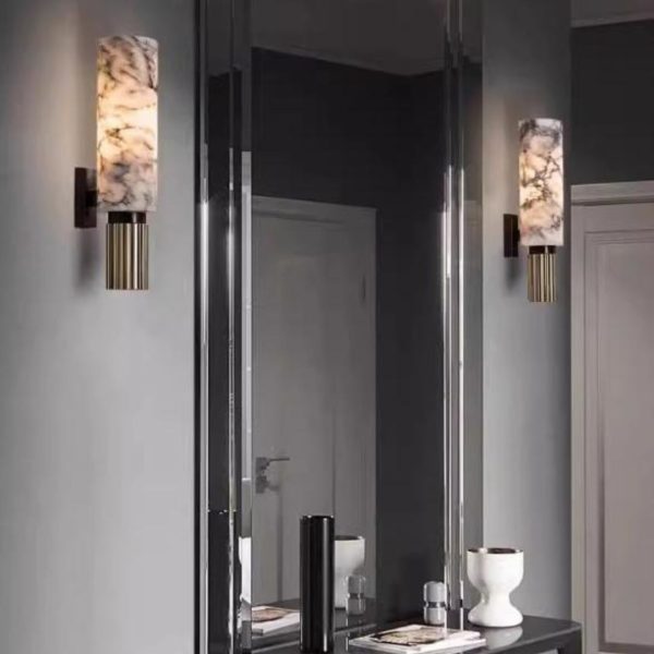 Đèn Tường Trụ Tròn Đá Cẩm Thạch Trắng Vân Đen Tự Nhiên Chiếu Sáng Lối Đi, Phòng Khách