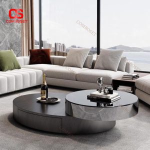 Bàn Cafe Màu Đen Bằng Thép Hình Oval Sang Trọng Kèm Bàn Phụ Xoay 360 Độ Decor Phòng Khách