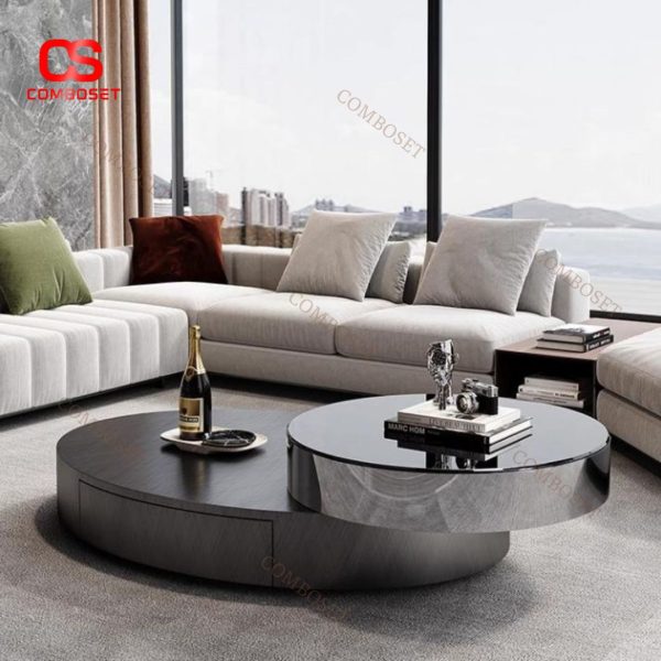 Bàn Cafe Màu Đen Bằng Thép Hình Oval Sang Trọng Kèm Bàn Phụ Xoay 360 Độ Decor Phòng Khách