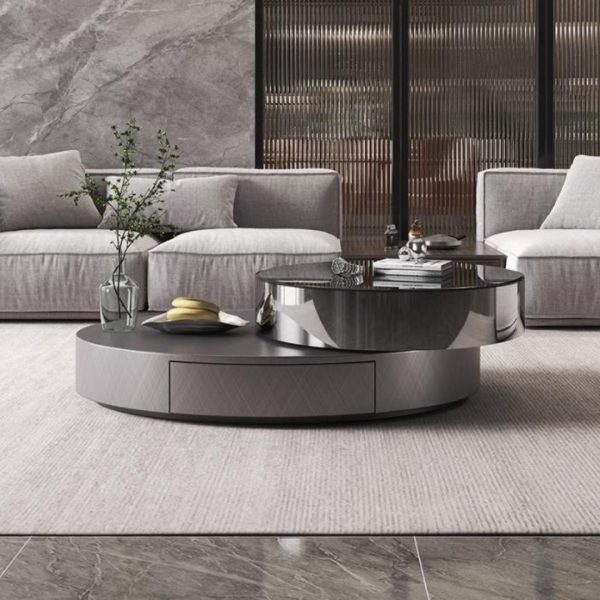 Bàn Cafe Màu Đen Bằng Thép Hình Oval Sang Trọng Kèm Bàn Phụ Xoay 360 Độ Decor Phòng Khách