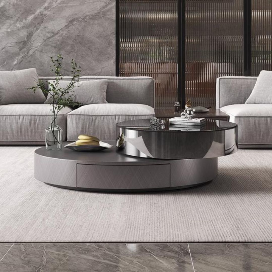 Bàn Cafe Màu Đen Bằng Thép Hình Oval Sang Trọng Kèm Bàn Phụ Xoay 360 Độ Decor Phòng Khách