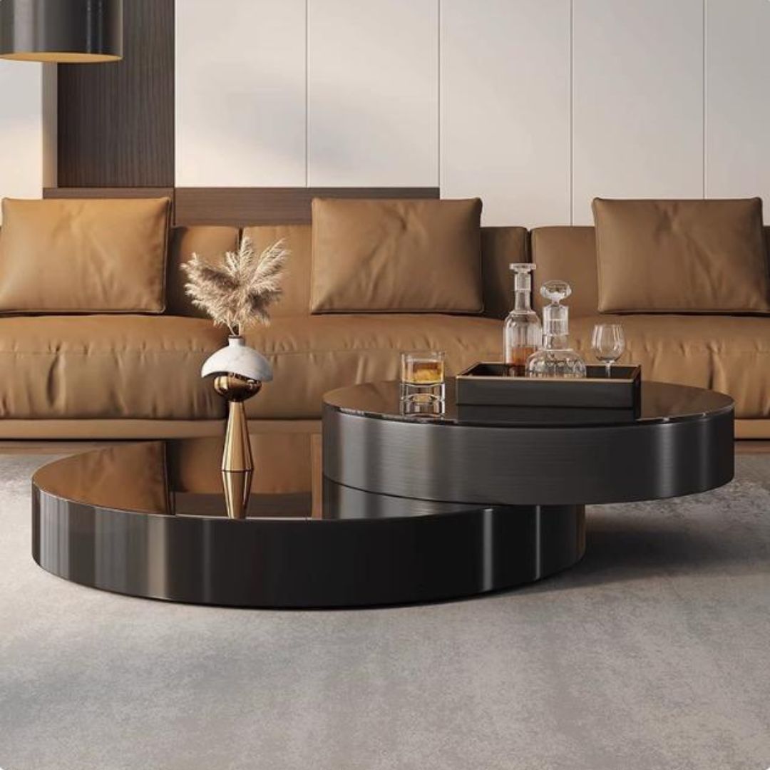 Bàn Cafe Màu Đen Bằng Thép Hình Oval Sang Trọng Kèm Bàn Phụ Xoay 360 Độ Decor Phòng Khách