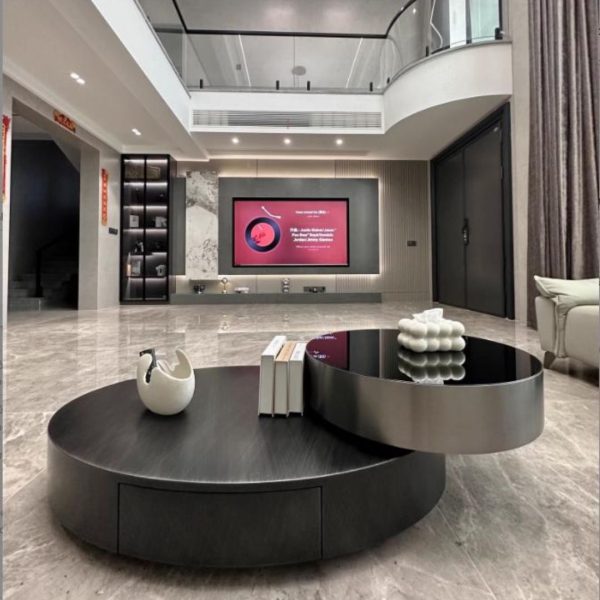 Bàn Cafe Màu Đen Bằng Thép Hình Oval Sang Trọng Kèm Bàn Phụ Xoay 360 Độ Decor Phòng Khách