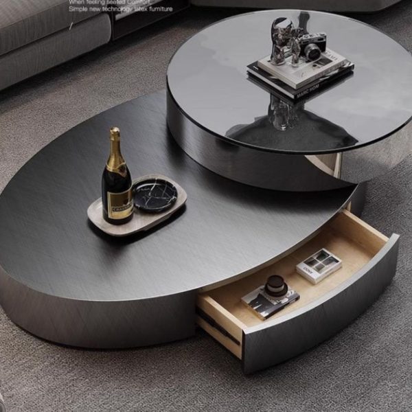 Bàn Cafe Màu Đen Bằng Thép Hình Oval Sang Trọng Kèm Bàn Phụ Xoay 360 Độ Decor Phòng Khách