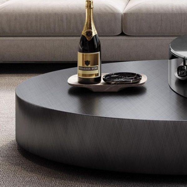 Bàn Cafe Màu Đen Bằng Thép Hình Oval Sang Trọng Kèm Bàn Phụ Xoay 360 Độ Decor Phòng Khách