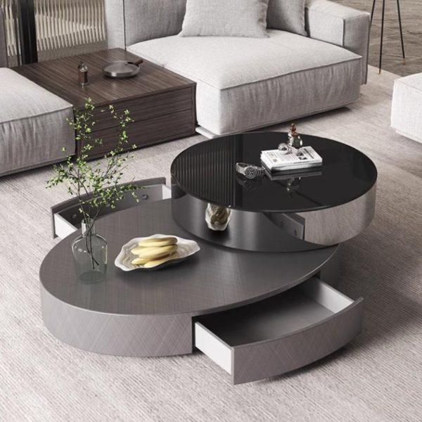 Bàn Cafe Màu Đen Bằng Thép Hình Oval Sang Trọng Kèm Bàn Phụ Xoay 360 Độ Decor Phòng Khách