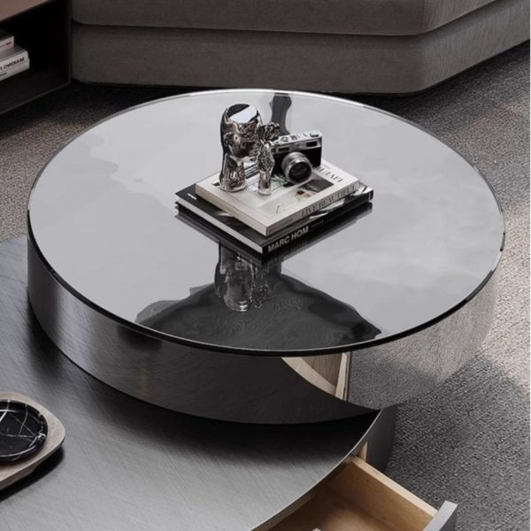 Bàn Cafe Màu Đen Bằng Thép Hình Oval Sang Trọng Kèm Bàn Phụ Xoay 360 Độ Decor Phòng Khách