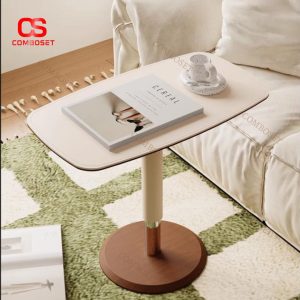 Bàn Cafe Nhỏ Xoay 360 Độ, Có Điều Chỉnh Chiều Cao, Bề mặt Da Trắng Kem Thanh Nhã Phòng Khách