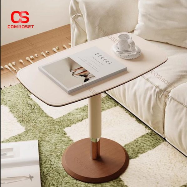 Bàn Cafe Nhỏ Xoay 360 Độ, Có Điều Chỉnh Chiều Cao, Bề mặt Da Trắng Kem Thanh Nhã Phòng Khách
