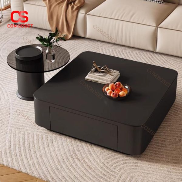 Bàn Cafe Phòng Khách Hình Vuông Bằng Đá Màu Đen Sang Trọng Kèm Bàn Phụ Tiện Lợi