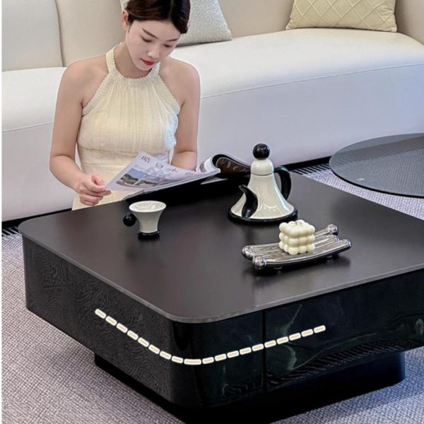 Bàn Cafe Phòng Khách Hình Vuông Bằng Đá Màu Đen Sang Trọng Kèm Bàn Phụ Tiện Lợi