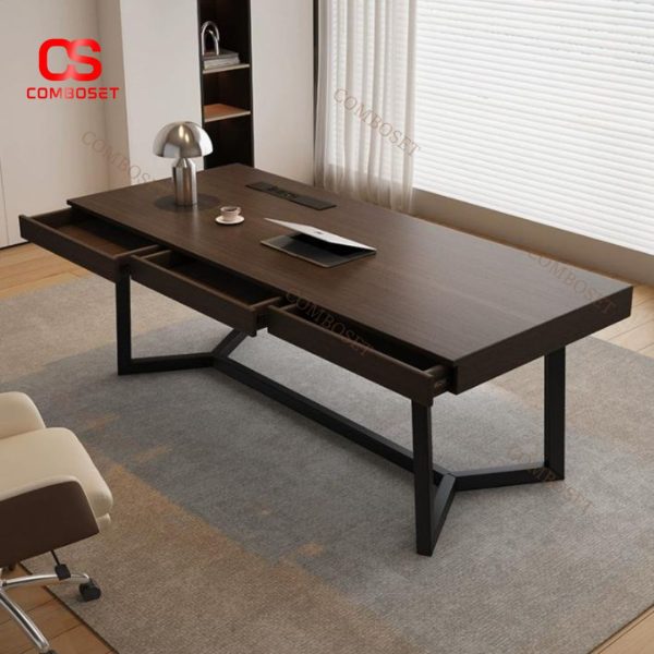 Bàn Gỗ Chữ Nhật Nguyên Khối Trang Trí Văn Phòng Làm Việc, Tích Hợp Cổng Sạc, Ngăn Kéo Tiện Lợi
