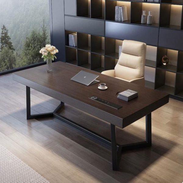 Bàn Gỗ Chữ Nhật Nguyên Khối Trang Trí Văn Phòng Làm Việc, Tích Hợp Cổng Sạc, Ngăn Kéo Tiện Lợi