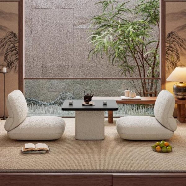 Bộ Bàn Ghế Vải Lông Cừu Trắng Phòng Cách Nhật Bản Tối Giản Decor Resort, Phòng Trà Thư Giãn