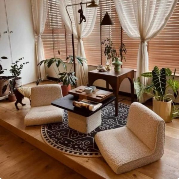 Bộ Bàn Ghế Vải Lông Cừu Trắng Phòng Cách Nhật Bản Tối Giản Decor Resort, Phòng Trà Thư Giãn