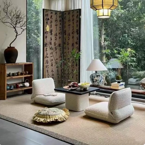 Bộ Bàn Ghế Vải Lông Cừu Trắng Phòng Cách Nhật Bản Tối Giản Decor Resort, Phòng Trà Thư Giãn