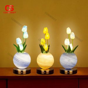 Đèn Bàn Bình Hoa Tulip Rực Rỡ 3 Chế Độ Sáng, Sạc USB Trang Trí Phòng Khách, Phòng Ngủ Thơ Mộng
