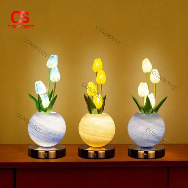 Đèn Bàn Bình Hoa Tulip Rực Rỡ 3 Chế Độ Sáng, Sạc USB Trang Trí Phòng Khách, Phòng Ngủ Thơ Mộng