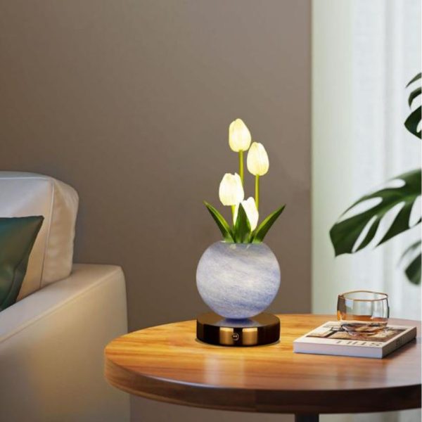 Đèn Bàn Bình Hoa Tulip Rực Rỡ 3 Chế Độ Sáng, Sạc USB Trang Trí Phòng Khách, Phòng Ngủ Thơ Mộng