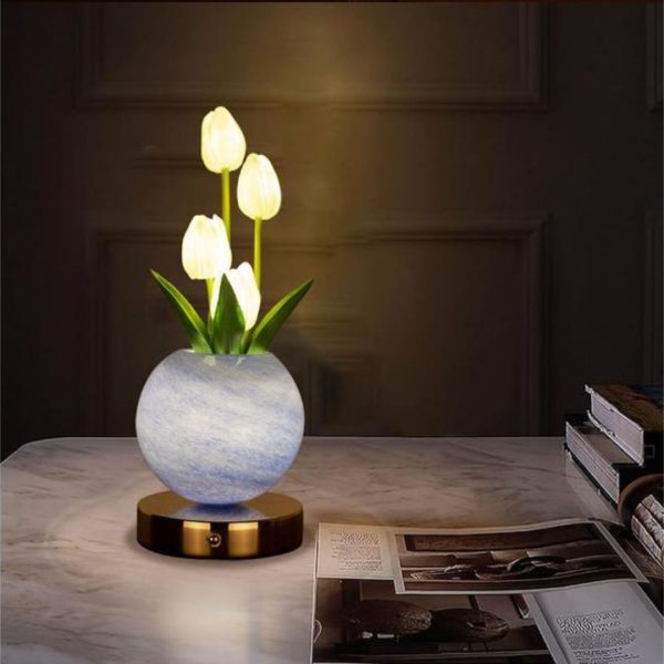 Đèn Bàn Bình Hoa Tulip Rực Rỡ 3 Chế Độ Sáng, Sạc USB Trang Trí Phòng Khách, Phòng Ngủ Thơ Mộng
