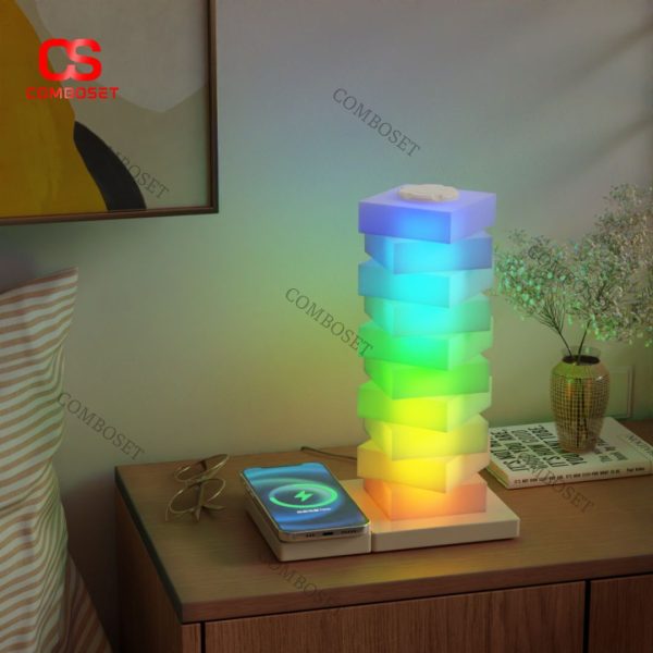 Đèn Bàn Hình Học Lắp Ráp Xoay 360 Độ, Chuyển Màu Đa Dạng, Sạc Không Dây Làm Đèn Ngủ Độc Đáo