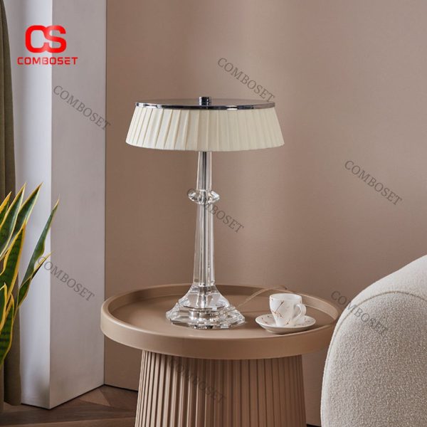 Đèn Bàn Pha Lê Cao Cấp Chụp Vải Xếp Ly Thiết Kế Ý, Trang Trí Biệt Thự, Phòng Ngủ Sang Trọng