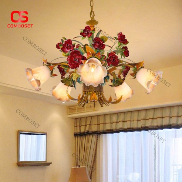 Đèn Chùm Bó Hoa Hồng Đỏ Sắt Kiểu Pháp Trang Trí Phòng Khách, Phòng Ngủ Lãng Mạn
